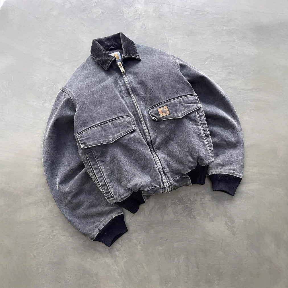 Washed denim jacket for men's autumn and winter warmth