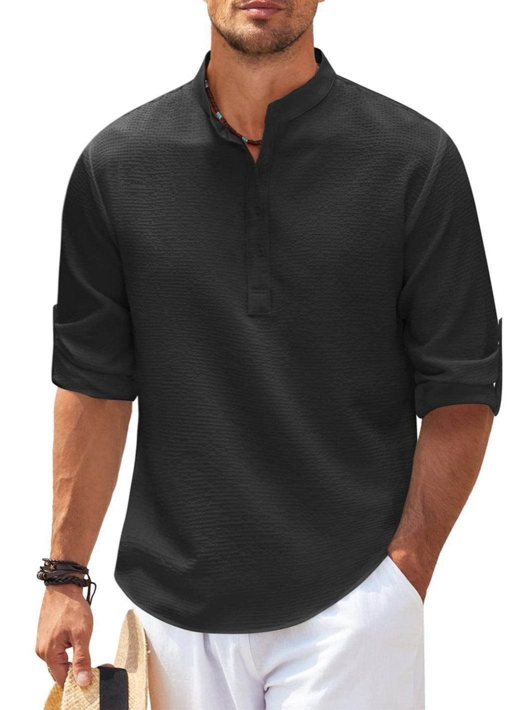 Men's long-sleeved shirt with stand-up collar