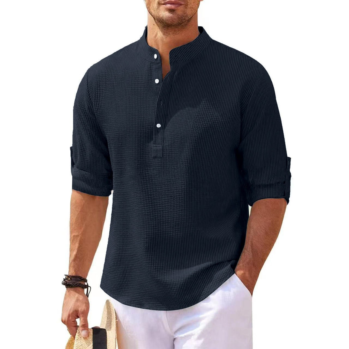 Men's long-sleeved shirt with stand-up collar