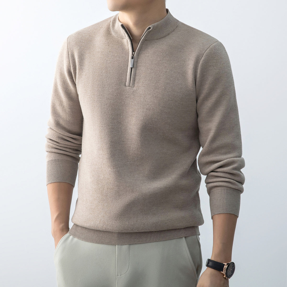 Men's Casual Fleece-Lined Knit Sweater with Zipper
