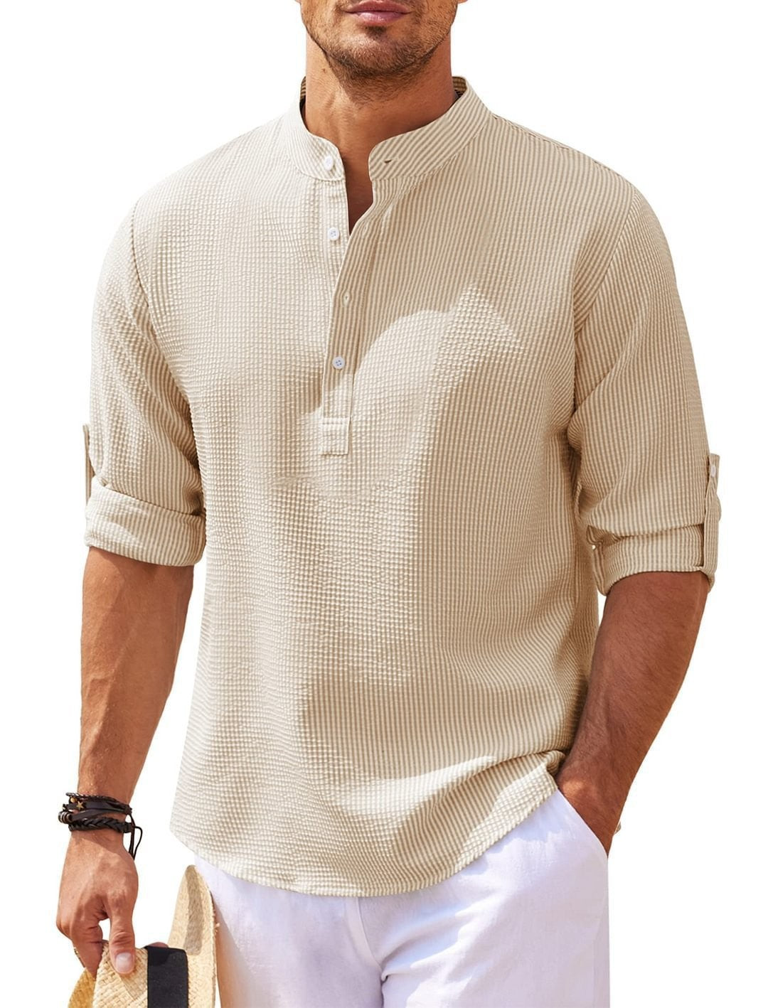 Men's long-sleeved shirt with stand-up collar