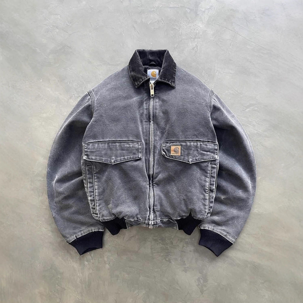 Washed denim jacket for men's autumn and winter warmth