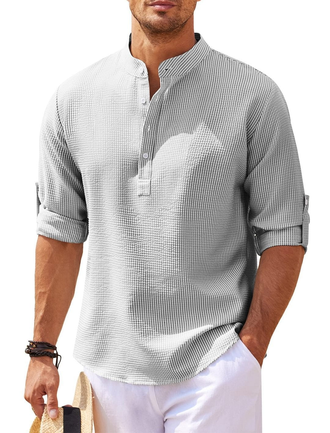 Men's long-sleeved shirt with stand-up collar
