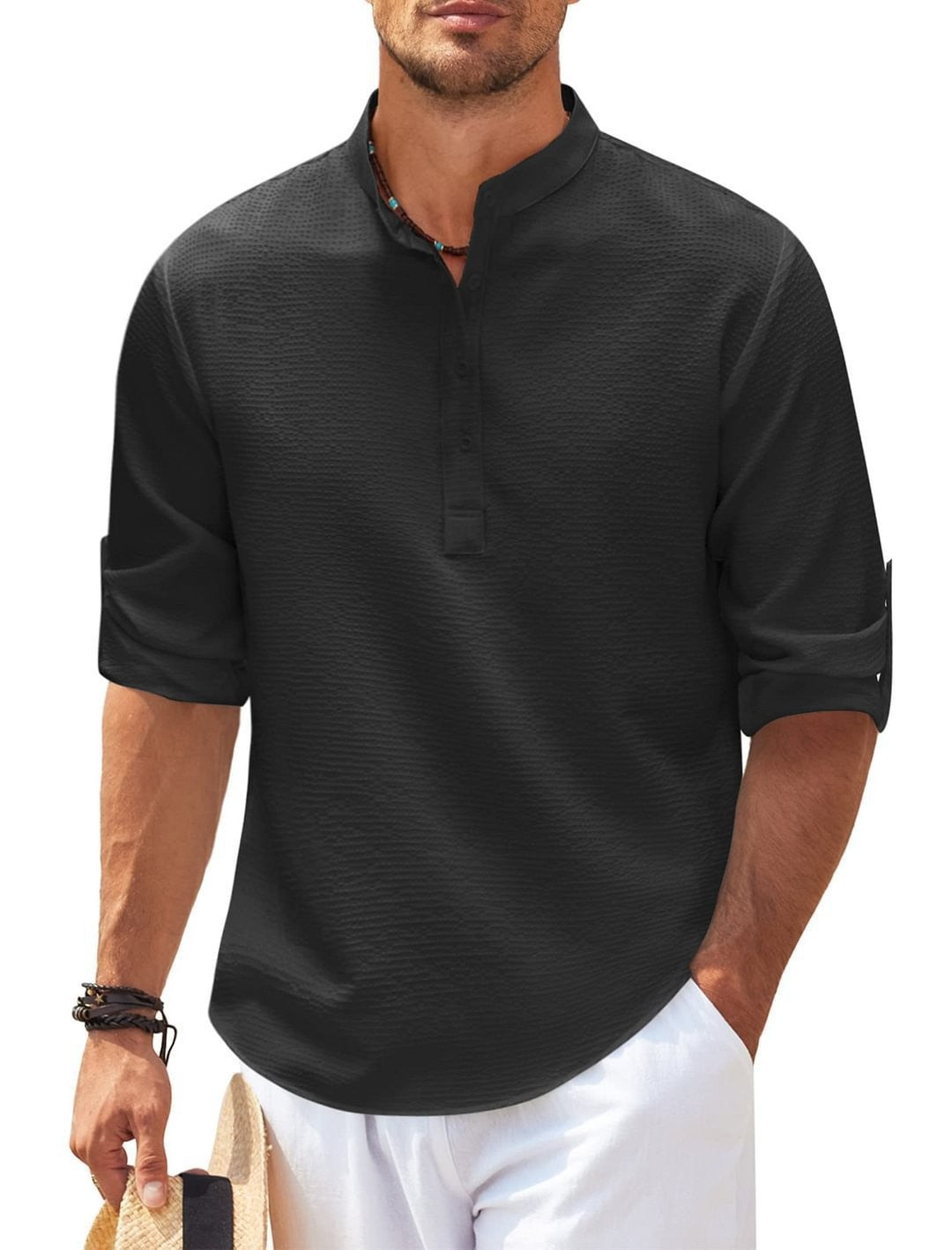 Men's long-sleeved shirt with stand-up collar