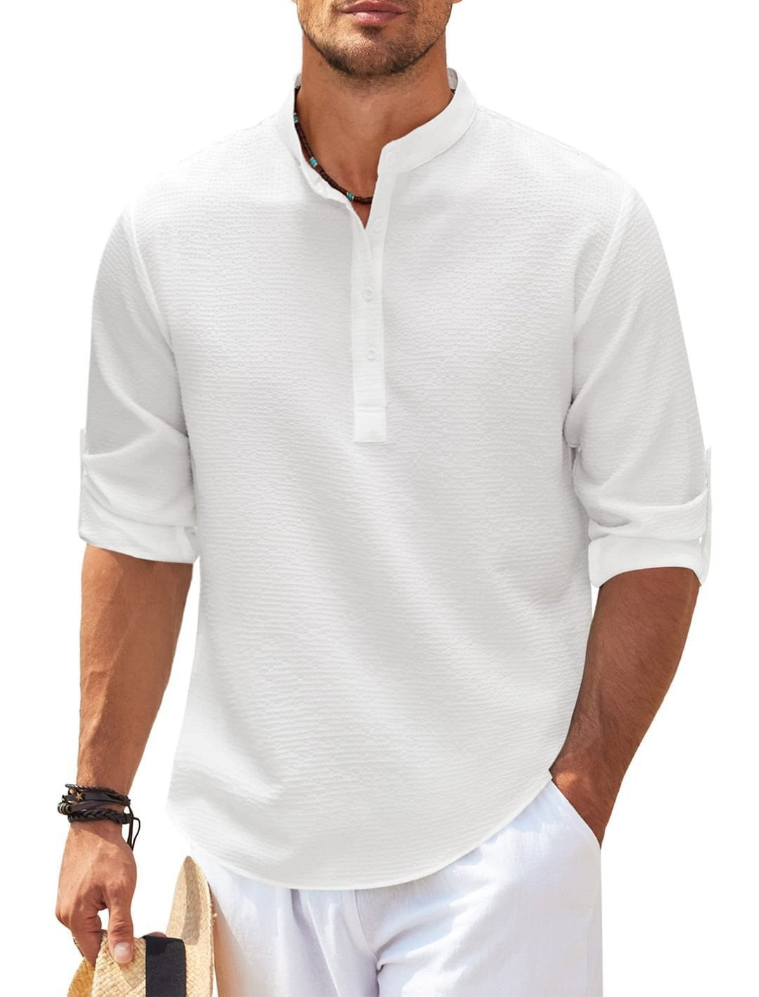 Men's long-sleeved shirt with stand-up collar