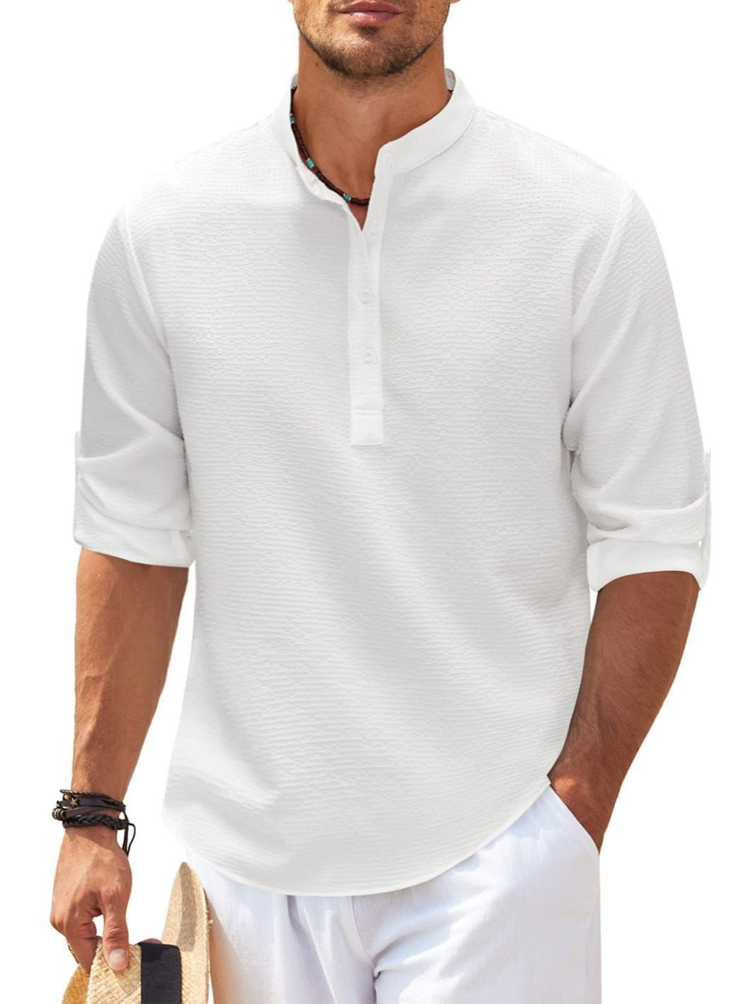 Men's long-sleeved shirt with stand-up collar